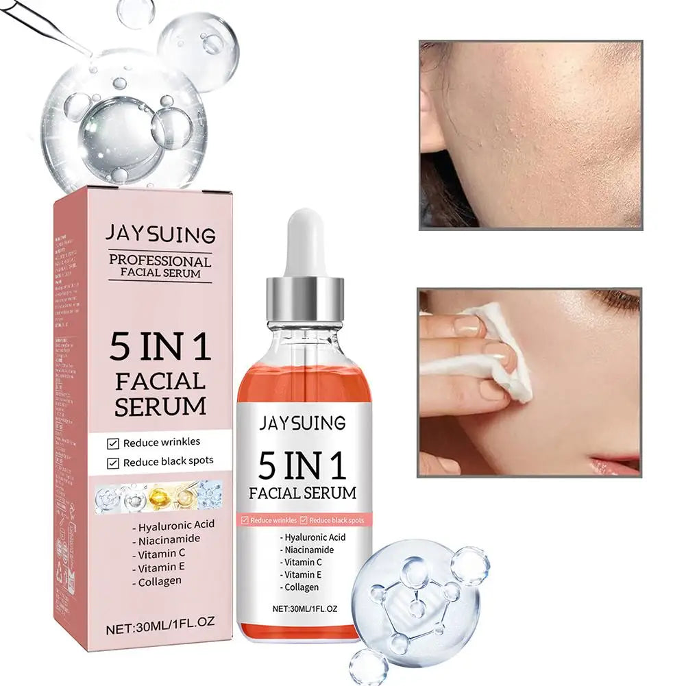 Sérum pour le visage raffermissant 5 en 1, estompe les ridules, hydratant, éclaircissant, vitamine C, acide hyaluronique, rétrécit les Pores, soins pour la peau